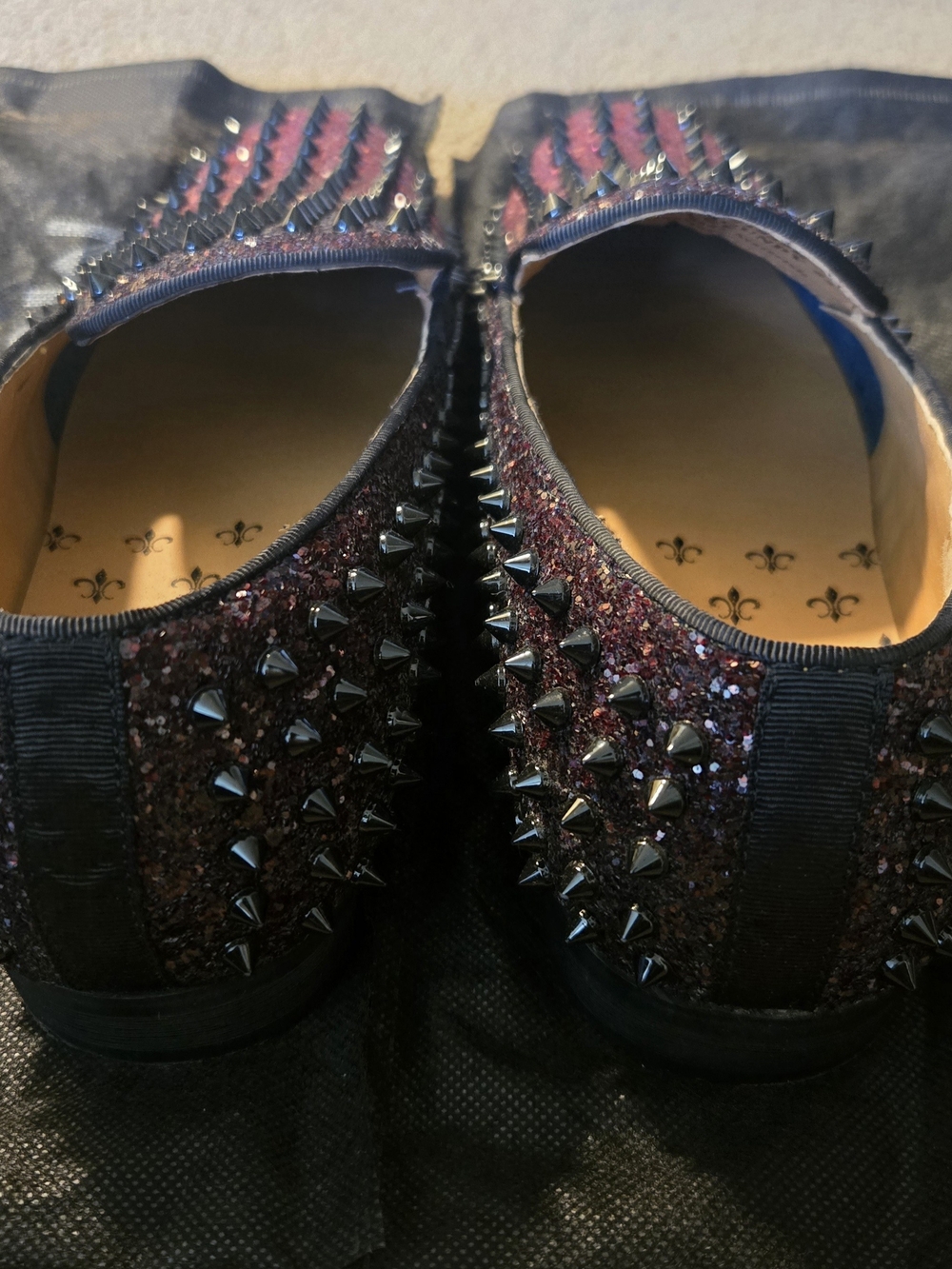 NasonMoretti Black and Dark Burgundy Studded Slip-Ons